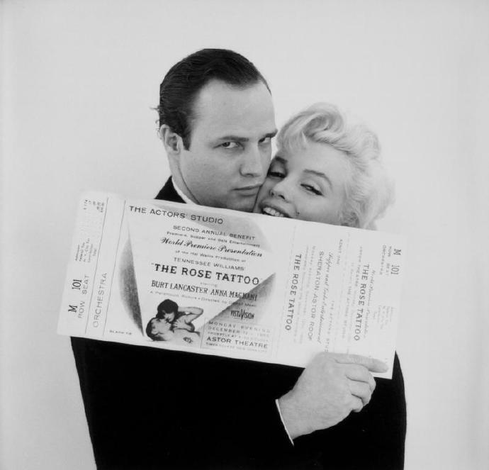 Marilyn Monroe and Marlon Brando photographed by Milton Greene for an Actors Studio Rose Tattoo benefit, 1955.