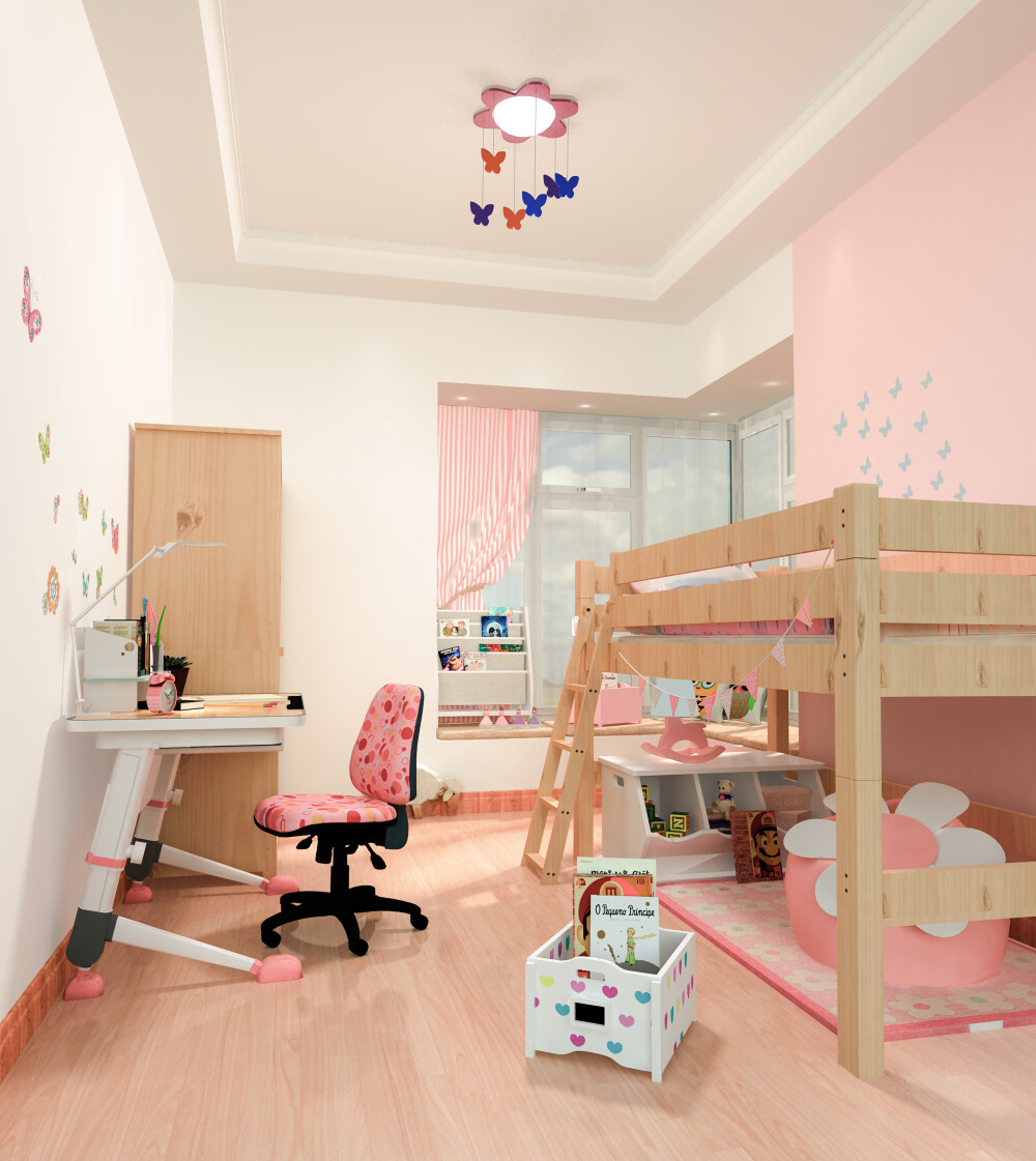 粉红卡通梦幻女孩儿童房设计效果图设计狮爸爸