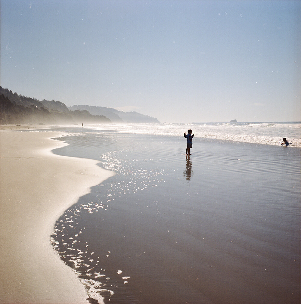 Arcadia Beach State Recreation Site
段海滩很小，南北两侧被巨大的岩石阻隔，平时只有1英里。然而如若运气好碰上落潮时分，待海水退下却能有6英里的海滩。
行驶在101公路上，我们每经过一处海滩都会下车走走。九月底的阳光尚存几分夏日的余味，仍然炽烈却不再咄咄逼人般灼热。光线比盛夏时更清透了几分，海面上波光熠熠，正适合拍照。