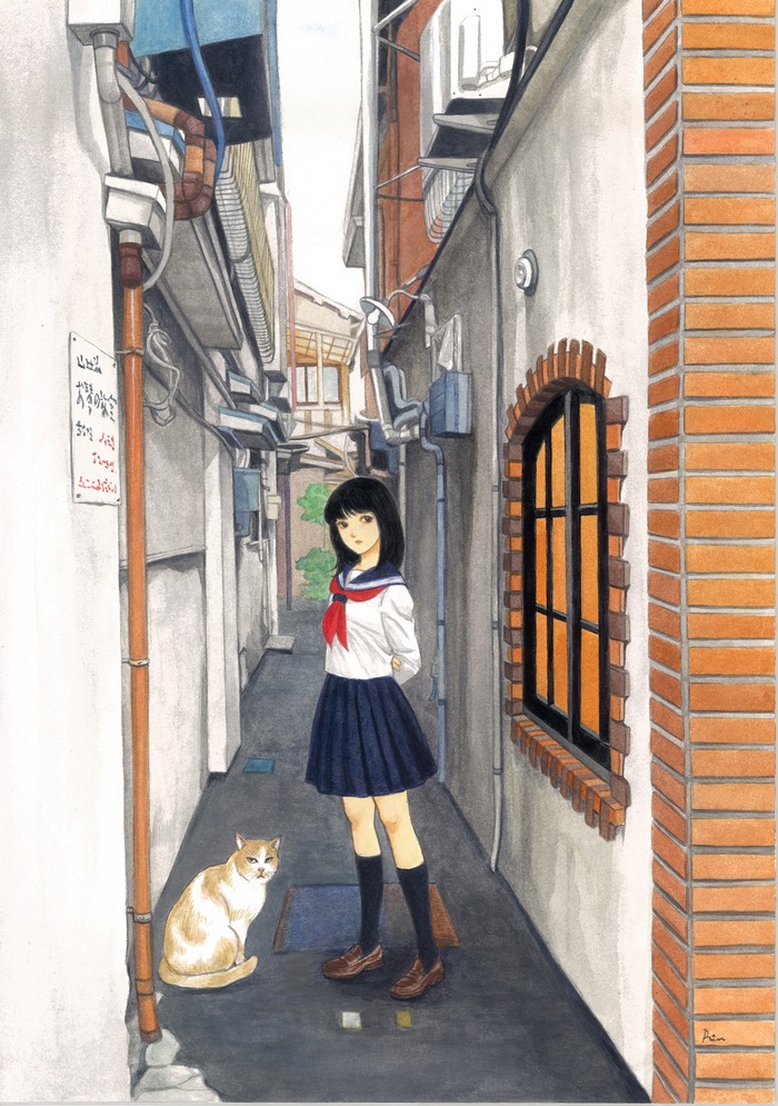 猫咪 少女 插画 日本画师撫子凛