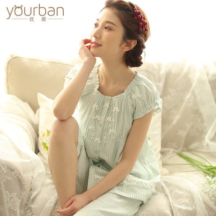 yourban/优版睡衣女春夏公主条纹蝴蝶结纯棉纱布短袖家居服套装