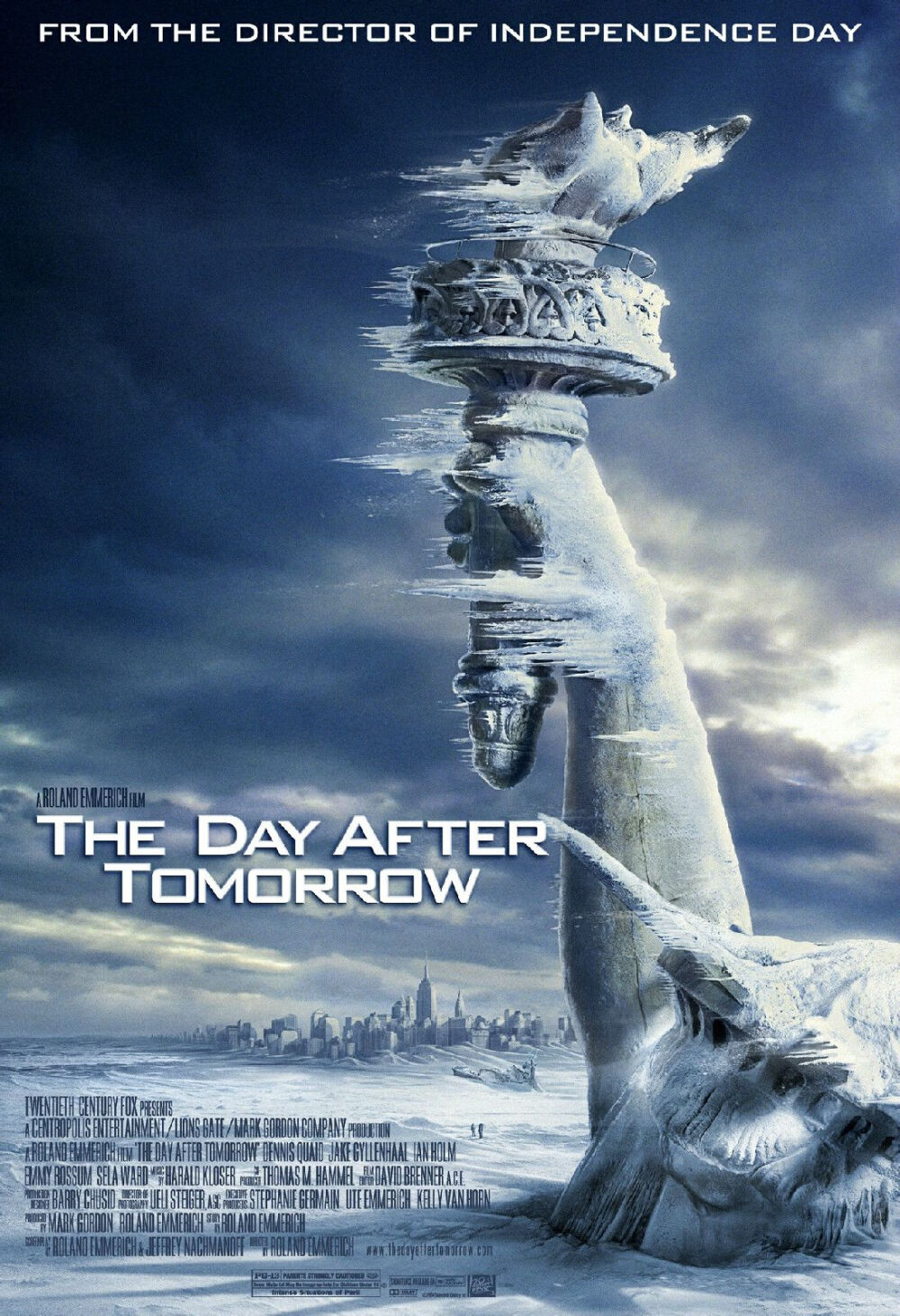 45.《后天》（The day after tomorrow）为20世纪福克斯公司的年度科幻巨片，投资1.25亿美元，由执导《独立日》、《爱国者》等片的导演罗兰·艾默里奇执导，丹尼斯·奎德、杰克·吉伦哈尔、艾米·罗森、莎拉·沃德等主演。
影片讲述温室效应造成地球气候异变，全球即将陷入第二次冰河纪的故事。北半球因温室效应引起冰山融化，龙卷风、海啸、地震在全球肆虐，整个纽约陷入冰河的包围中。（印象中是个不错的电影，但看过的时间太长，已经忘了情节了。就这样吧…）