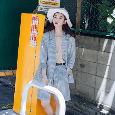 漞渡原创 文艺复古全棉竖条纹翻领双排扣中长款西装外套 女T0079
