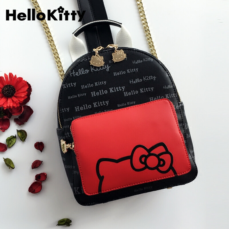 hellokitty女包2016可爱凯蒂猫黑红猫咪链条链条小背包双肩包