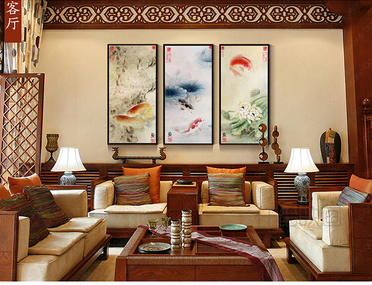 年年有鱼装饰画新中式古典唯美客厅挂画书房茶室墙上挂画玄关画
