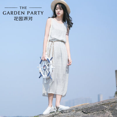 花园派对 2016夏装新款韩版无袖圆领中长款条纹连衣裙沙滩裙子女