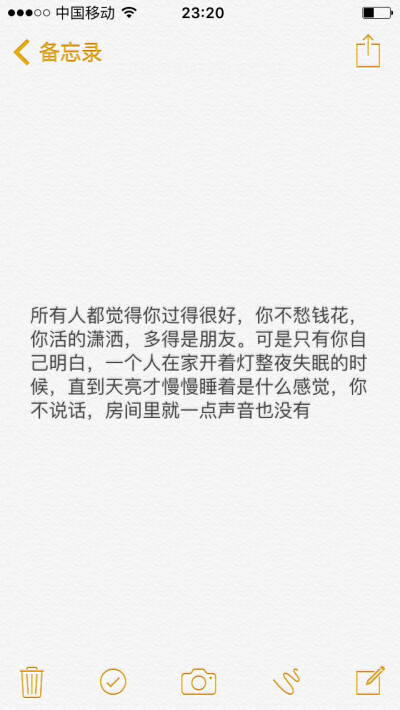 所有人都觉得你过得很好，你不愁钱花，你活的潇洒，多得是朋友。可是只有你自己明白，一个人在家开着灯整夜失眠的时候，直到天亮才慢慢睡着是什么感觉，你不说话，房间里就一点声音也没有