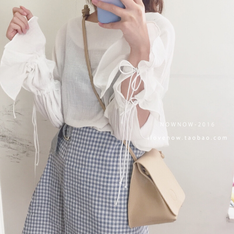 韩国秋季2016气质棉麻蝴蝶结系带荷叶袖宽松衬衫罩衫白／姜黄
