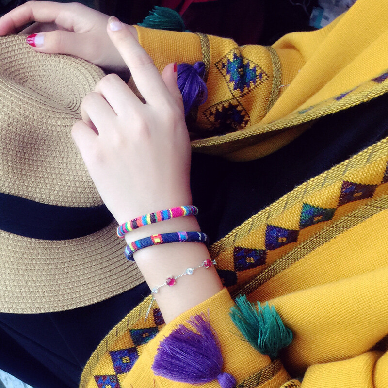 小Z优品 定制款！手工编织民族风 彩色棉线双头宽版流苏手链