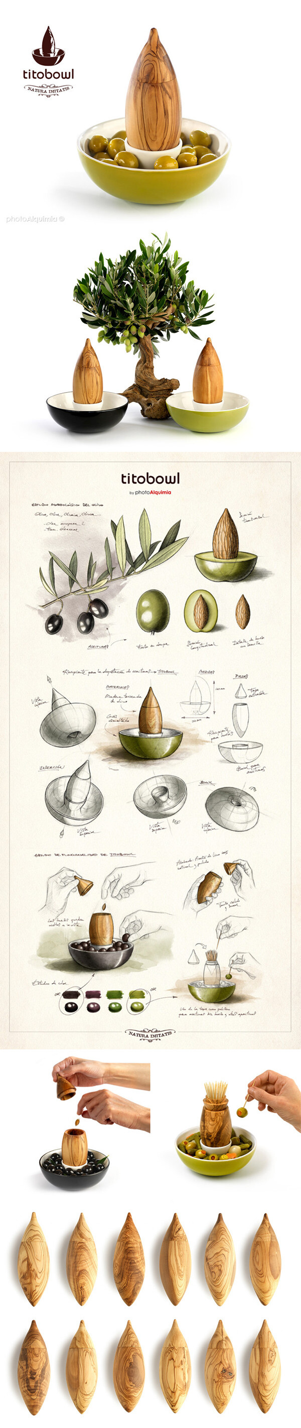 来自西班牙的 photoAlquimia 设计工作室热衷仿生学设计，其 NATURA IMITATIS 正是一组灵感来源于自然的系列设计。看似简单的产品却蕴藏着诚意十足的细节，从设计癖曾报道过的仿生鱼骨型寿司酱油碟 SOYTUN、调味瓶 AJORÍ 便可见一斑。今天这款 TITOBOWL 则是将橄榄玩出了花样。
