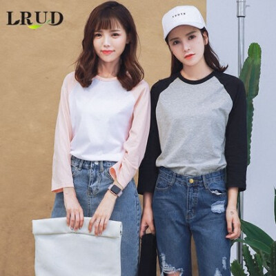 LRUD2016秋装女装新款韩版拼色学院风宽松长袖T恤女休闲打底衫