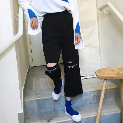 饭桶张 16年秋膝盖字母破洞洗水松紧腰黑色微喇休闲裤九分裤百搭