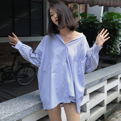 2016韩版女装超宽松显瘦拼接袖竖条纹中长款衬衫