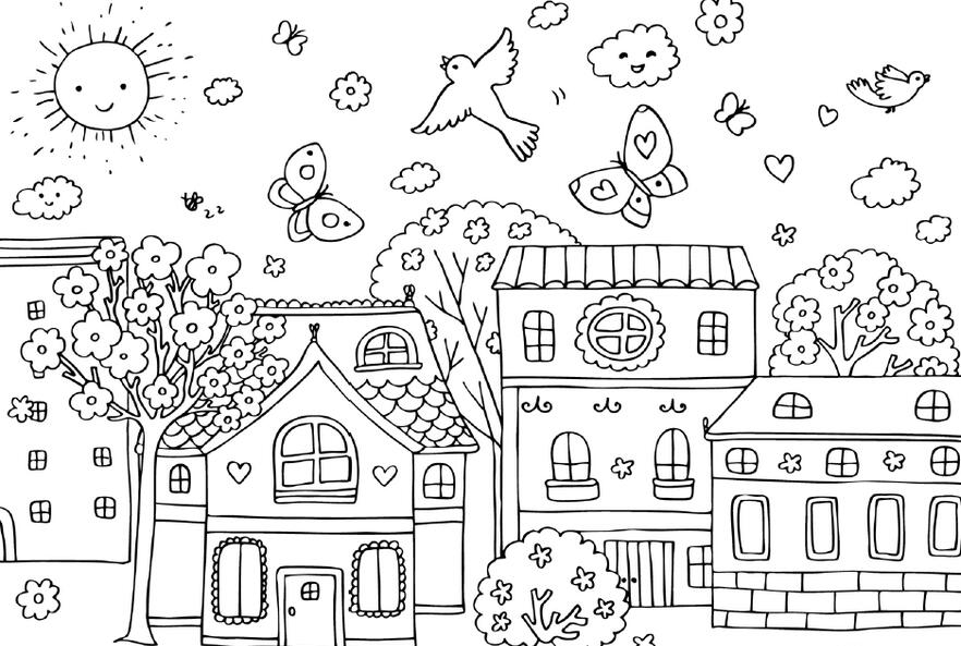 儿童画 情景画 风景画 填色 线稿 简笔画 手绘房子