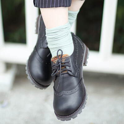 秋季单鞋女日系文艺范复古布洛克学院风 低跟圆头系带 黑色小皮鞋