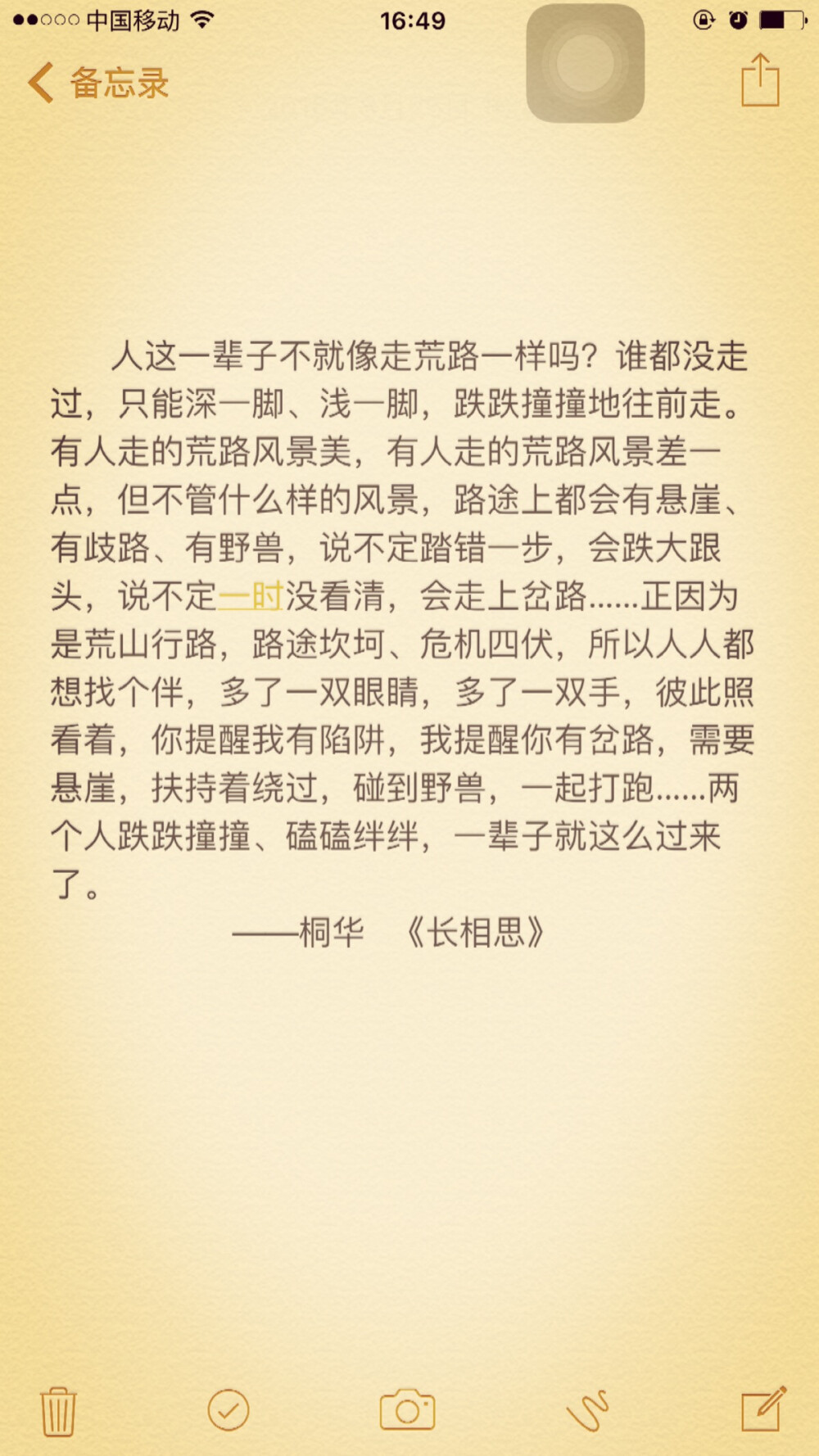  人这一辈子不就像走荒路一样吗？谁都没走过，只能深一脚、浅一脚，跌跌撞撞地往前走。有人走的荒路风景美，有人走的荒路风景差一点，但不管什么样的风景，路途上都会有悬崖、有歧路、有野兽，说不定踏错一步，会跌大跟头，说不定一时没看清，会走上岔路……正因为是荒山行路，路途坎坷、危机四伏，所以人人都想找个伴，多了一双眼睛，多了一双手，彼此照看着，你提醒我有陷阱，我提醒你有岔路，需要悬崖，扶持着绕过，碰到野兽，一起打跑……两个人跌跌撞撞、磕磕绊绊，一辈子就这么过来了。