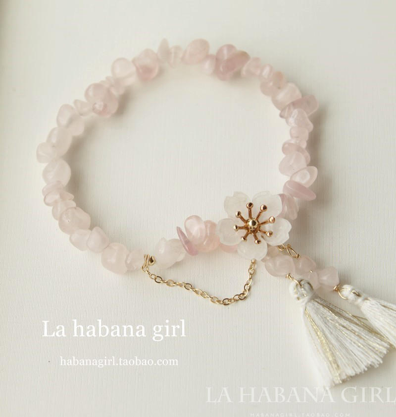 La habana girl&hearts;高端手作&hearts;日系樱花天然粉晶流苏手链粉樱