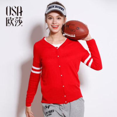 OSA2016秋季新款女装开衫 正红色V领单排扣薄款毛针织衫女