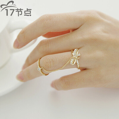 韩国进口饰品时尚甜美气质水钻蝴蝶结双环食指关节开口戒指指环女