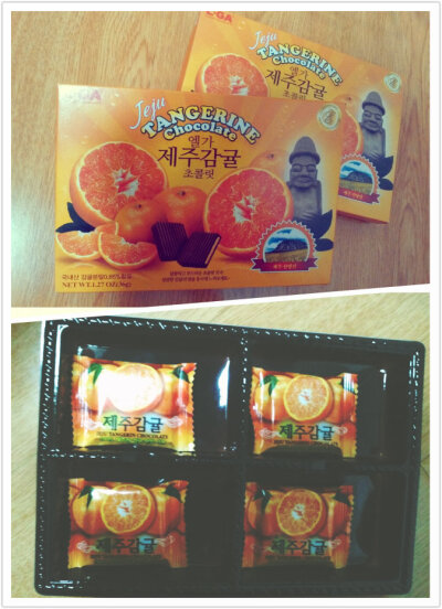 爸爸去韩国系列：jeju柑橘巧克力，片状的夹心巧克力，这一盒就小了，一盒里面只有4片单独包装的，不过这是买东西送的两盒，淘宝上30片的价格73人民币，我的天呐