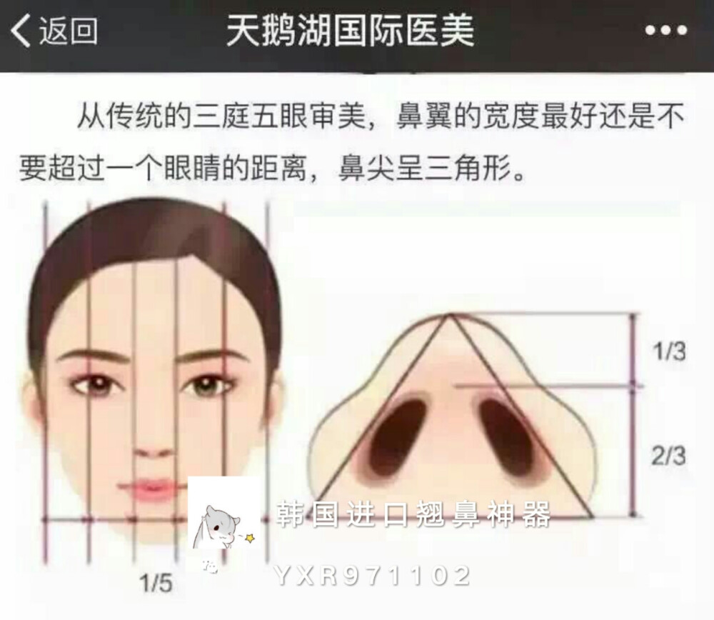 【看下图】鼻翼的宽度不要超过一个眼睛的距离，鼻尖呈三角形，才是一个完美的鼻型。照镜子看看你是不是❓如果不是，不用担心，韩国进口翘鼻神器十秒帮你改变你想要的鼻型，无痛无创，免去打玻尿酸免去植入假体