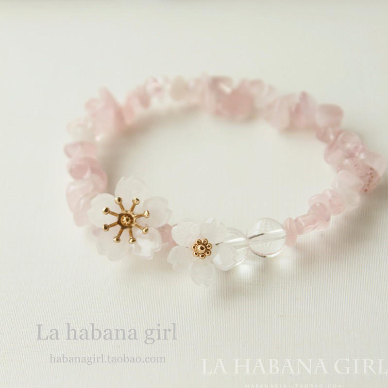 La habana girl&hearts;高端手作&hearts;日系手工樱花天然粉晶+白水晶手链