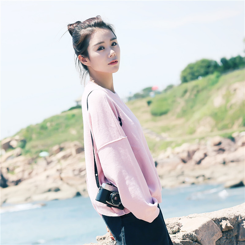 微笑向暖秋装女装文艺复古圆领插肩袖百搭毛衣宽松套头针织衫女