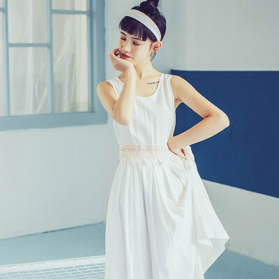 camoni原创设计 初恋的白裙 精致刺绣蕾丝腰边连衣裙