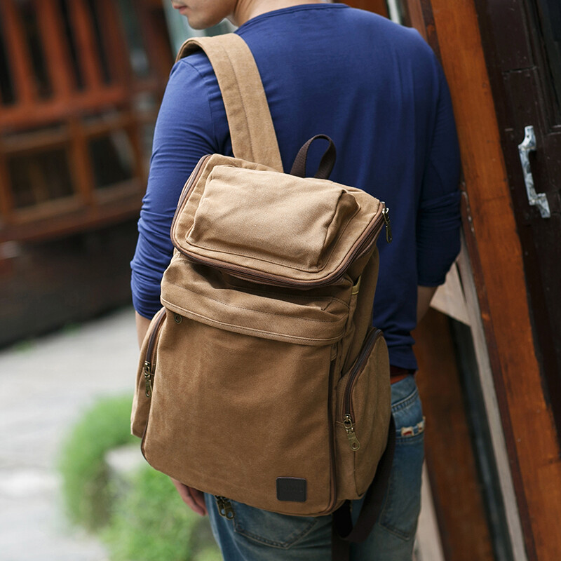 韩版男士帆布背包休闲双肩包复古大容量户外旅行包学生书包电脑包