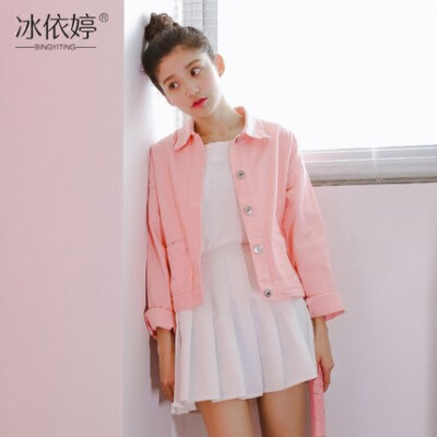 秋装新款刺绣bf宽松粉红色牛仔外套女短款韩版大码蝙蝠袖夹克上衣