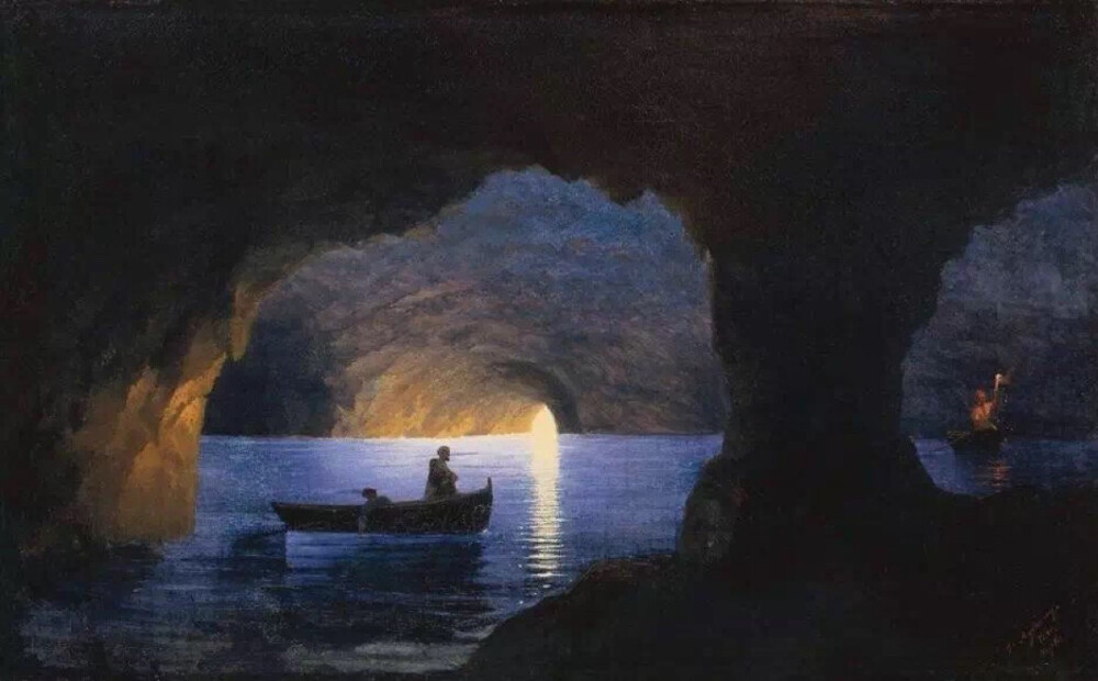 图为亚美尼亚裔俄罗斯画家Ivan Aivazovsky（1817-1900）的作品《蔚蓝洞穴》。强烈的明暗对比好似梦境的两岸，深邃的洞穴有如一双凝望的眼。那溢满渴望的岩壁尽头，是辽阔的大海吗，还是一场无尽的风暴？