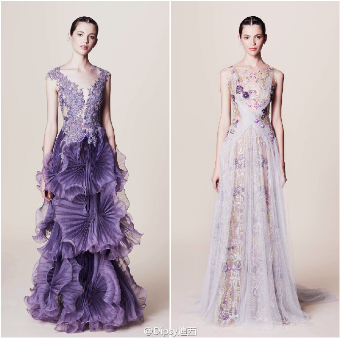 Marchesa Resort
2017┃珠片宝石流苏羽毛，手工制作而成的3D立体花卉刺绣～设计师这一季要讲述的是纸醉金迷的拉斯维加斯夜场派对～灵感来自95年Martin Scorsese执导的美国电影《赌城风云》～色调通过午夜的蓝，妖魅的紫所发散～