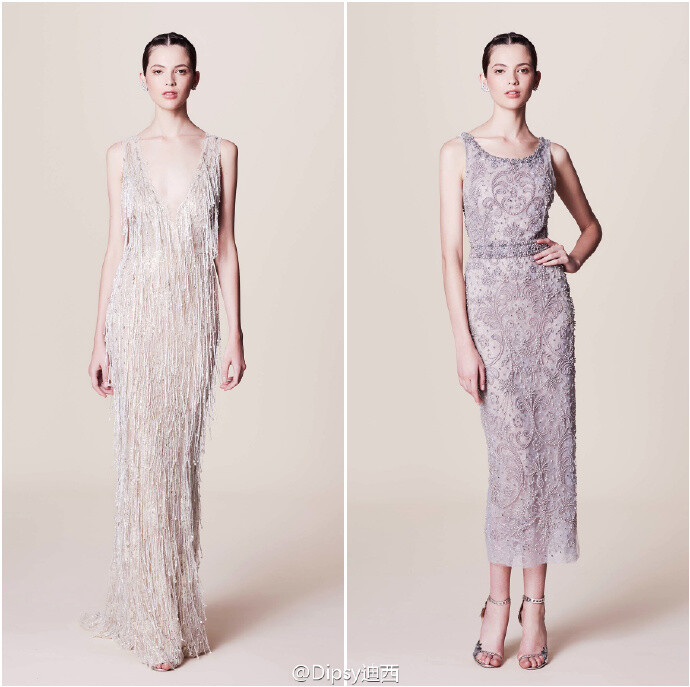 Marchesa Resort
2017┃珠片宝石流苏羽毛，手工制作而成的3D立体花卉刺绣～设计师这一季要讲述的是纸醉金迷的拉斯维加斯夜场派对～灵感来自95年Martin Scorsese执导的美国电影《赌城风云》～色调通过午夜的蓝，妖魅的紫所发散～