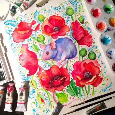 一个叫Anna Bucciarelli的姑娘，最近迷上了中国的十二生肖。她了解了中国人对十二生肖的定义后，拿起画笔，将动物、自然、色彩完美结合了起来。还根据自己的理解，给每一个生肖配上了属于自己的花朵。