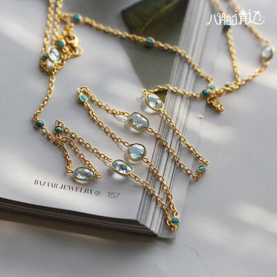 印度设计师 天然托帕石宝石项链女纯银镀金复古长款绿松石毛衣链