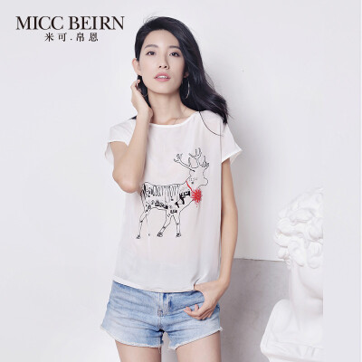 Miccbeirn夏季100%桑蚕丝动物印花短袖T恤简约百搭休闲真丝上衣女