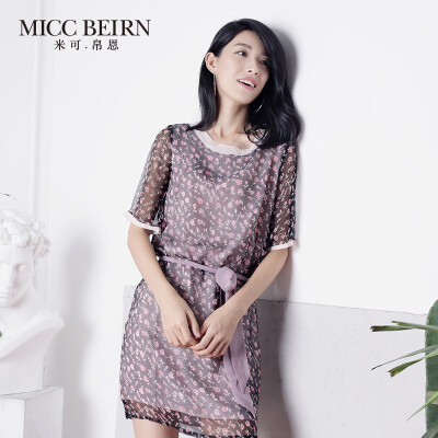 Miccbeirn米可帛恩夏装真丝连衣裙小碎花顺纡乔印花连衣裙