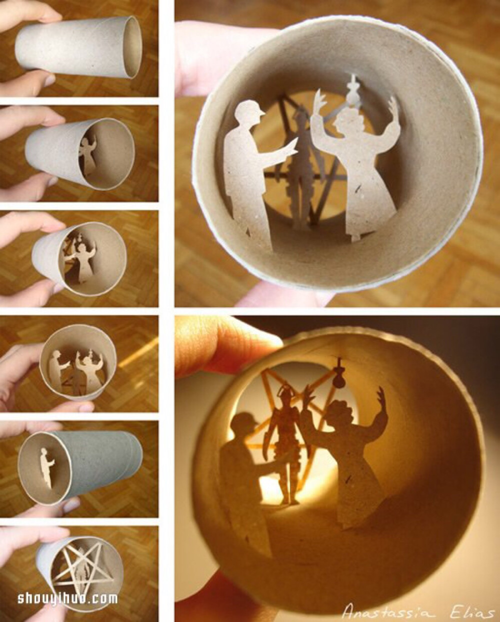 
【纸上人生】法国艺术家 Anastassia Elias 用精细的手工刻出各种主题，有电影名场面、自然场景、生活即景。
来自费里兹‧朗的经典科幻电影《大都会》。不只给你看正面，还能从侧面、背面观赏，打光后的视觉效果也不同。