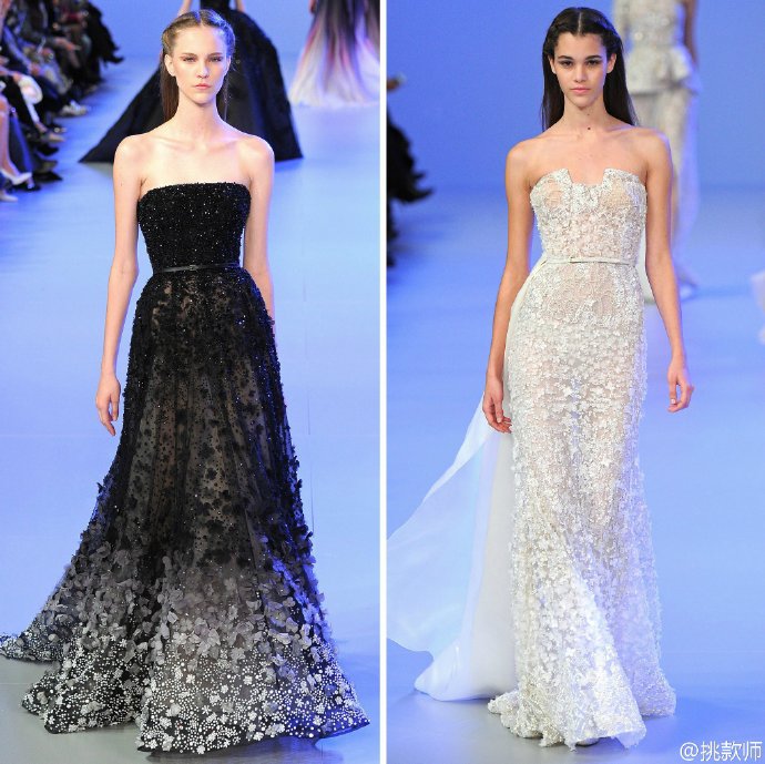 Elie Saab Spring 2014 Couture 艾莉·萨博(ElieSaab)的作品，一向都是以奢华高贵、优雅迷人的晚礼服而著称，宛如又一个VALENTINO。 艾莉·萨博(ElieSaab)的高级定制女装秀，以华丽风格取胜，运用丝绸闪缎、珠光面料、带有独特花纹的雪纺、银丝流苏、精细的刺绣……让女人在行走间浮游流动，充满飘逸轻灵的梦幻色彩，为所有女人构筑一个童话般的梦。 同时运用褶皱、水晶和闪钻，艾莉·萨博(ElieSaab)大手笔勾勒出精美奢华的服饰盛宴，挥洒着熠熠