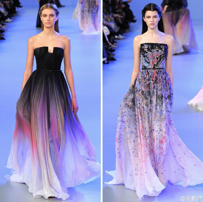 Elie Saab Spring 2014 Couture 艾莉·萨博(ElieSaab)的作品，一向都是以奢华高贵、优雅迷人的晚礼服而著称，宛如又一个VALENTINO。 艾莉·萨博(ElieSaab)的高级定制女装秀，以华丽风格取胜，运用丝绸闪缎、珠光面料、带有独特花纹的雪纺、银丝流苏、精细的刺绣……让女人在行走间浮游流动，充满飘逸轻灵的梦幻色彩，为所有女人构筑一个童话般的梦。 同时运用褶皱、水晶和闪钻，艾莉·萨博(ElieSaab)大手笔勾勒出精美奢华的服饰盛宴，挥洒着熠熠