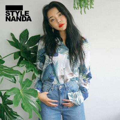 韩国stylenanda 树叶印花前后V领衬衣