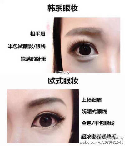 【韩系 欧美妆容画法大不同】
欧美韩式妆容详细对比
后面附上一个精致的韩系眼妆教程哦 超级赞~