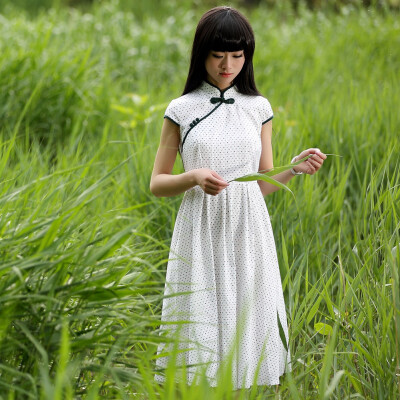 裴蒂菲民族风夏季中长裙短袖立领复古中腰女连衣裙改良旗袍民