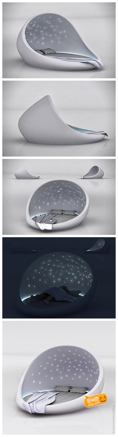 来自星星的人，显然就要睡能看见星星的床（Cosmos Bed）：来自俄罗斯设计师Natalia Rumyantseva的设计，这款星星床看上去就是一个椭圆形的胶囊，并带有布满LED的穹顶，躺在上面，恰似繁星点点。另外，这货还自带了音…