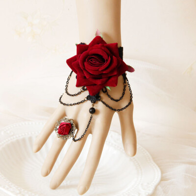 手链连带戒指一体链新娘装饰夸张大朵红玫瑰复古女款手饰满包邮
