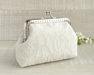 White lace wedding purse, bridal clutch small with kisslock