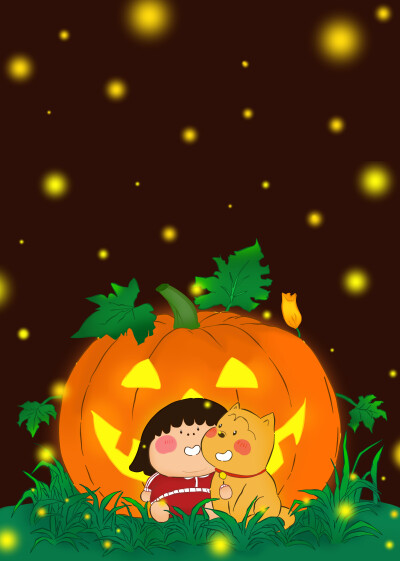 我的朋友富美子小土狗卡通土狗旺旺万圣节快乐Happy Halloween南瓜pumpkin萤火虫firefly光light手机卡通桌面壁纸trick and treat