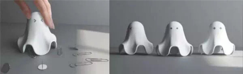 幽灵回形针收纳器
YONG JEONG设计的这个古灵精怪的幽灵回形针收纳器，内置磁铁可以收集桌子上的各种小图钉，回形针；同时本身的白色幽灵造型也给这一收纳器增色不少。