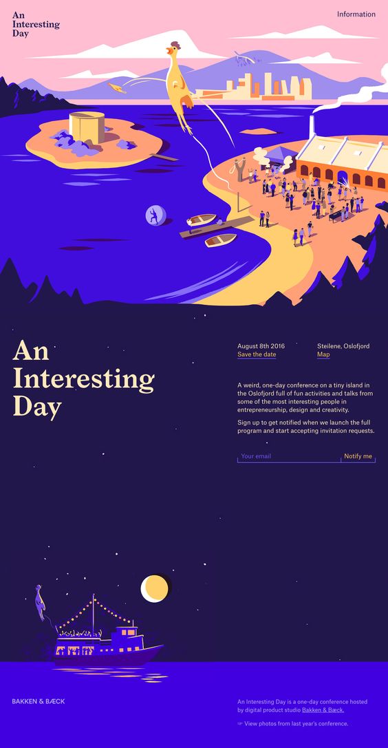 Colorful One Pager with gorgeous illustrations announcing the date of the 2016 'An Interesting Day' event hosted by Bakken & Bæck.: