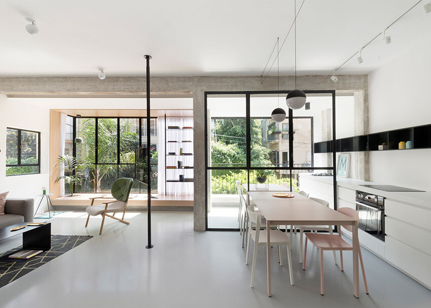 【以色列黑白极简风住宅】 世纪中前期，德国犹太人为了躲避迫害及战乱，纷纷来到巴勒斯坦的特拉维夫，进而将德国包豪斯风格引入当地建筑，全白立面及机能至上的现代主义因此在特拉维夫大行其道，也深刻影响了此城的室内设计。